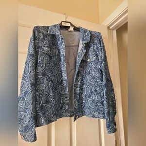 Pasley print blue jeans jacket.